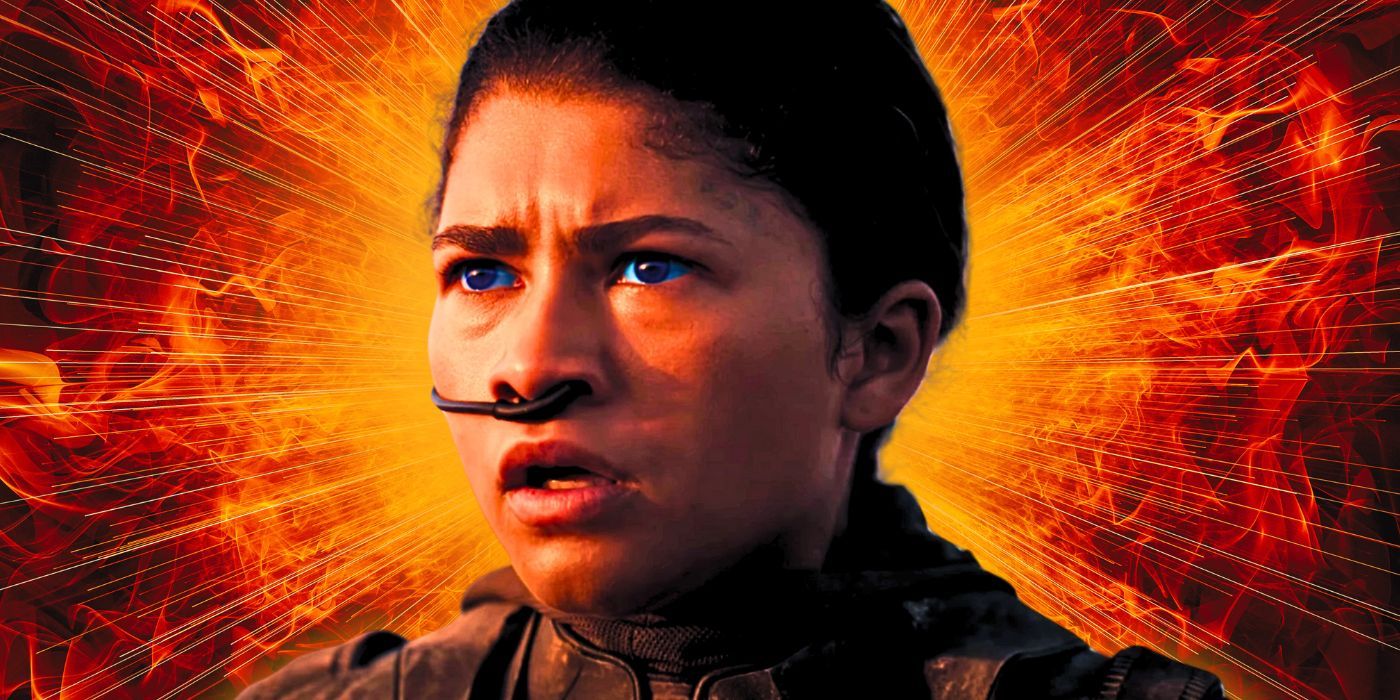 Chani (Zendaya) with a horrified look on her face set against a fiery red and orange background in Dune: Part Two
