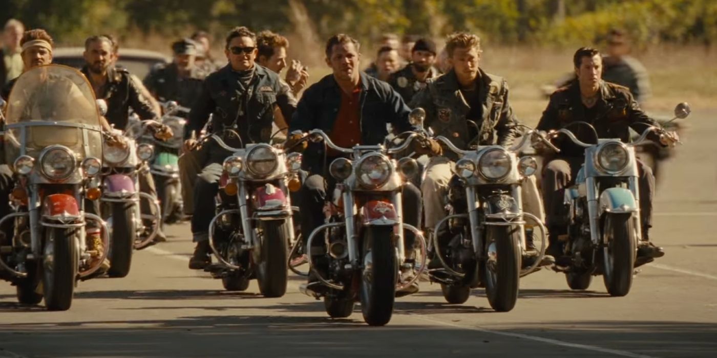 Tom Hardy, Austin Butler leading the Outlaws MC on motorcycles in The Bikeriders